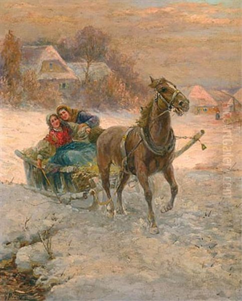 Sleigh Ride In Poland Oil Painting by Gustav Prucha