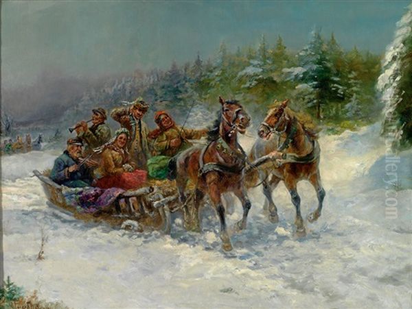 Winterliche Schlittenfahrt Mit Musikanten Oil Painting by Gustav Prucha