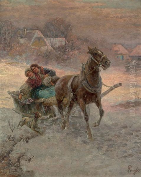 Rasante Schlittenfahrt Durch Eine Verschneite Winterlandschaft Im Abendrot Oil Painting by Gustav Prucha