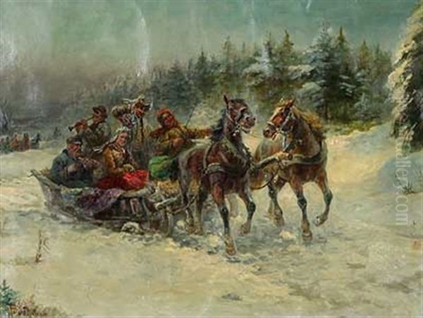 Heitere Ausflugsgesellschaft In Zweispanner Und Troika Oil Painting by Gustav Prucha