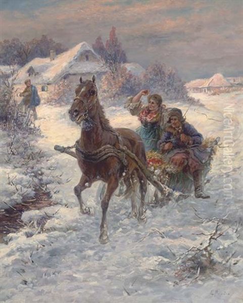 A Romantic Troika Ride Oil Painting by Gustav Prucha