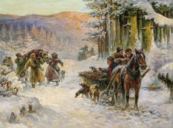 Barenjagd Im Russischen Winter Oil Painting by Gustav Prucha