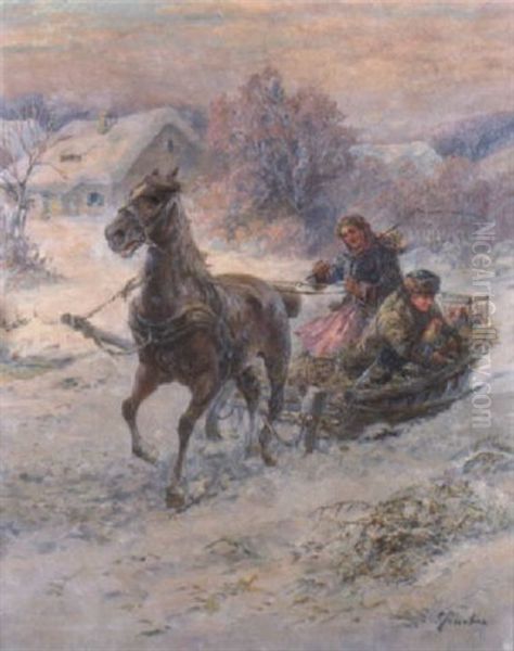 The Sleigh Ride Oil Painting by Gustav Prucha
