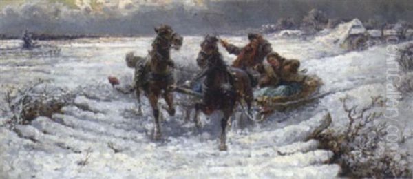 Schlittenfahrt Im Winter Oil Painting by Gustav Prucha