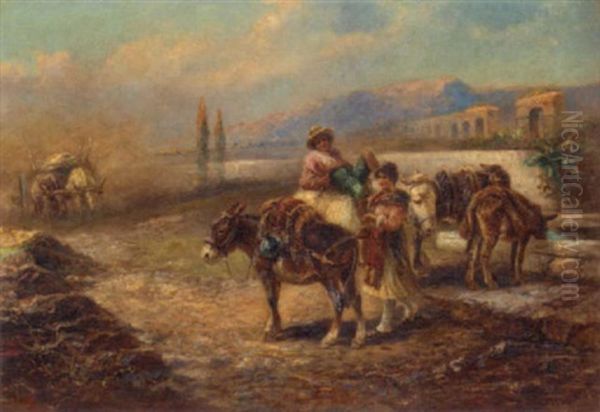 Watering The Donkeys On The Roman Campagna Oil Painting by Gustav Prucha