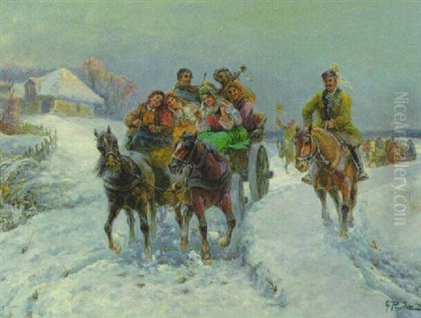 Lustige Ausfahrt Im Winter (bauerlicher Hochzeitszug?) Oil Painting by Gustav Prucha