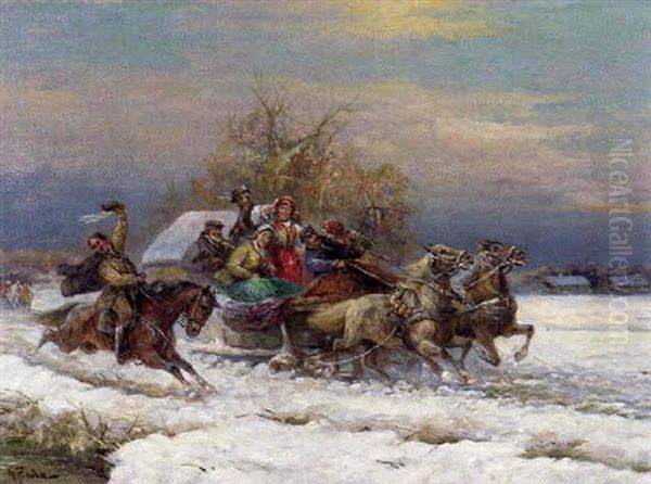 Ungarischer Pferdeschlitten Und Reiter Bei Frohlicher Fahrt Oil Painting by Gustav Prucha