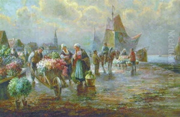Blomsterforsaljerskor Pa Kaj Oil Painting by Gustav Prucha