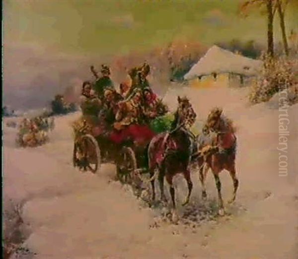 A Wedding Party In A Winter Landscape Oil Painting by Gustav Prucha