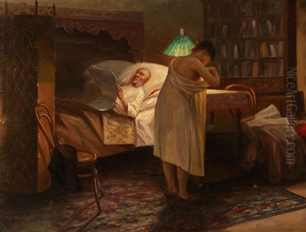 At The Bed Oil Painting by Illarion Mikhailovich Pryanishnikov