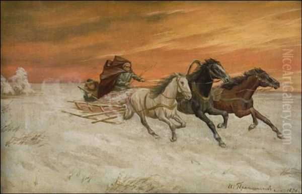 Troikka Auringonlaskussa Oil Painting by Illarion Mikhailovich Pryanishnikov