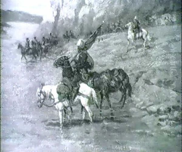 Kosakenreiter In Der Furt Eines Flusses Oil Painting by Illarion Mikhailovich Pryanishnikov