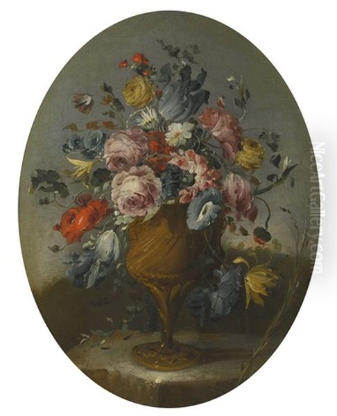A Pair Of Still Lifes Of Roses, Amenones, Tulips And Other Flowers In Bronze Urns, Resting On Stone Ledges Oil Painting by  Pseudo Guardi