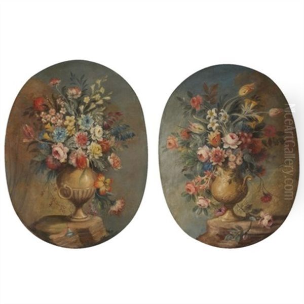 Still Lifes With Various Flowers In Stone Urns (pair) Oil Painting by  Pseudo Guardi