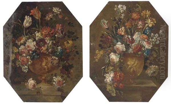 Mixed Flowers In A Vase On A Ledge (+ Mixed Flowers In A Vase On A Ledge; Pair) Oil Painting by  Pseudo Guardi