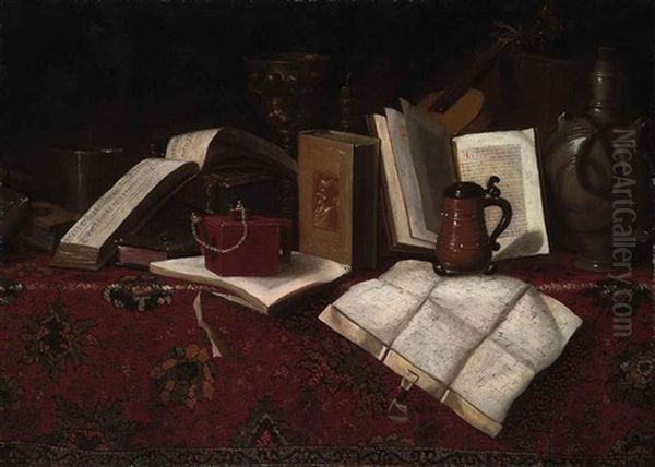 Books, A Silver Beaker, A Gilt Cup, A Candle, A Violin, And Other Vessels, On A Carpet-draped Table Oil Painting by  Pseudo-Roestraten