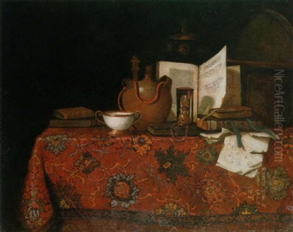 Books, An Earthenware Flask, A Porcelain Bowl, A Gold Chain With A Skull And Hourglass On A Carpeted Table Oil Painting by  Pseudo-Roestraten