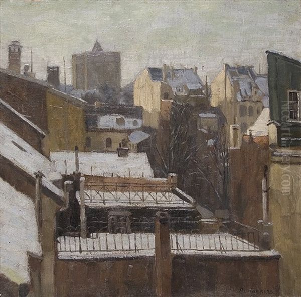 Winter At Marx Haus In Dusseldorf Oil Painting by Viktor Pucinski