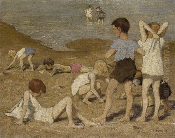 Children At The Beach Oil Painting by Viktor Pucinski
