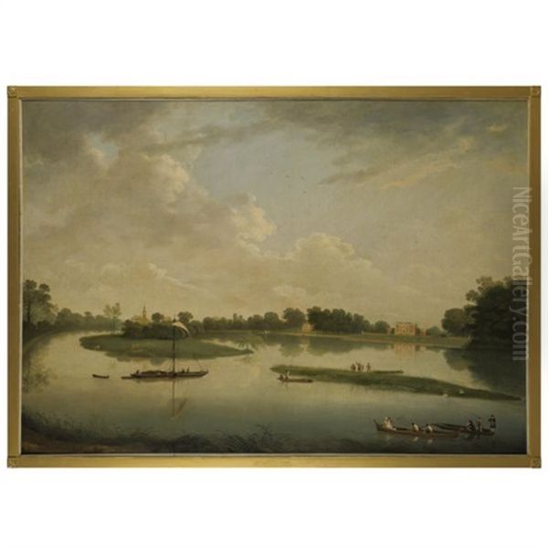 View Of Sunbury House Beside The River Thames At Chiswick, With Fisherman And Barges On The River Oil Painting by Herbert Pugh