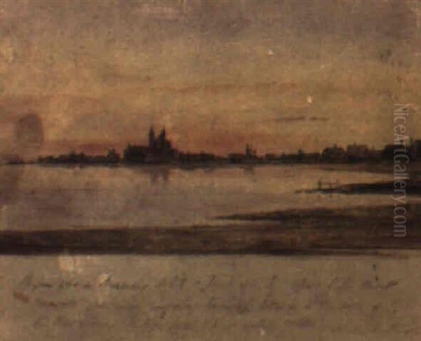 A Coastal Scene At Sunset With A Church And Buildings In The Distance Oil Painting by Augustus Northmore Welby Pugin