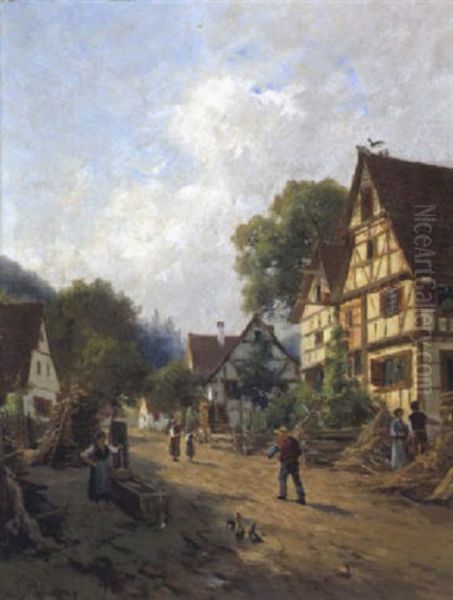 Dorfstrase Mit Figurlicher Staffage Oil Painting by Victor Puhonny