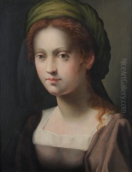Portrait Of A Young Lady In A Grey Dress And A Green Turban Oil Painting by Domenico Puligo