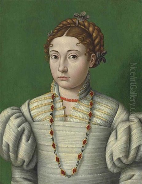 Portrait Of A Lady, Half-length, In A White Embroidered Dress With A Coral Necklace And A Ruby And Gold Chain Oil Painting by Scipione Pulzone