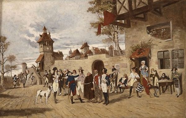 Vor Einer Gaststatte Einer Mittelalterlichen Kleinstadt, Das Militar Bei Der Rekrutierung Von Soldaten Oil Painting by Friedrich von Puteani