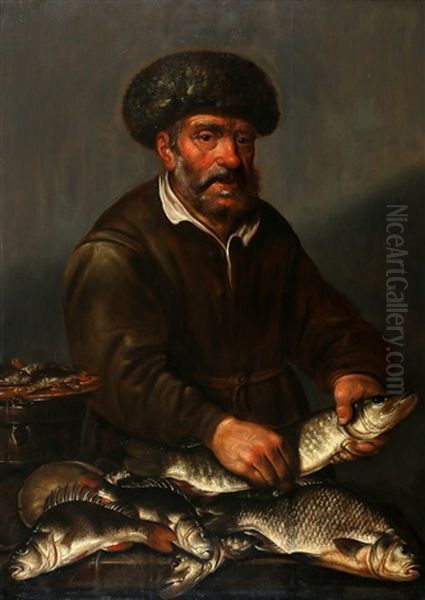 Visser Met Een Snoek In Zijn Handen En Met Brasem, Baars En Andere Zoetwatervissen Op Een Tafel (+ Vissersvrouw Met Snoek, Baars En Andere Zoetwatervissen Op Een Tafel; Pair) Oil Painting by Pieter de Putter