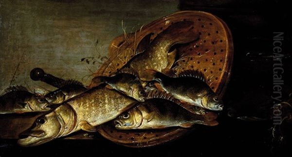 Stillleben Mit Hecht, Barschen Und Einem Fischersieb, Arrangiert Auf Einem Tisch Oil Painting by Pieter de Putter