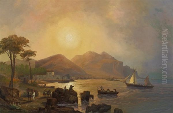 Fischer Am Strand Von Palermo, Im Hintergrund Der Monte Pellegrino Oil Painting by Josef Karl Berthold Puettner