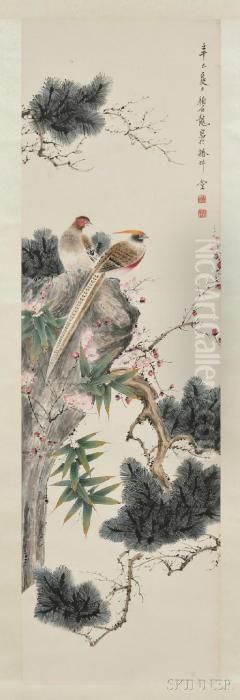 Two Birds On A Rock And Pine Trees Oil Painting by Yan Bolong