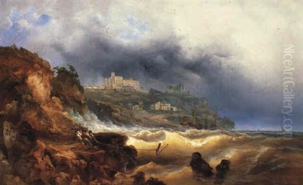 A Stormy Seascape By The Shore Oil Painting by Josef Karl Berthold Puettner