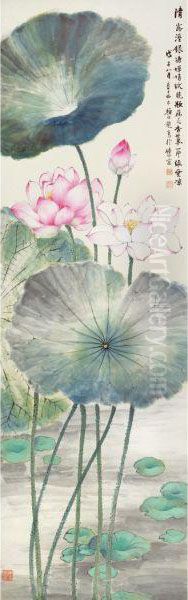 Lotus At Dawn Oil Painting by Yan Bolong