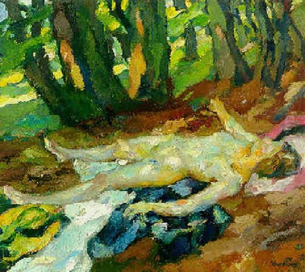 Liegender Akt Im Wald Oil Painting by Leo Putz