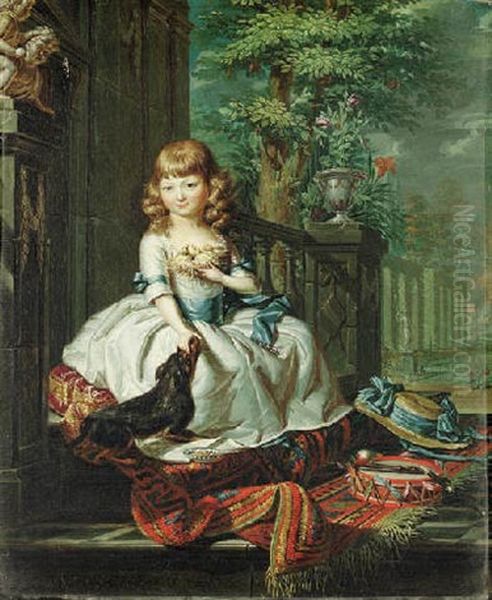 Portrait Of A Girl Seated On The Steps Of A Terrace, A Formal Garden Beyond Oil Painting by Louis Francois Gerard van der Puyl