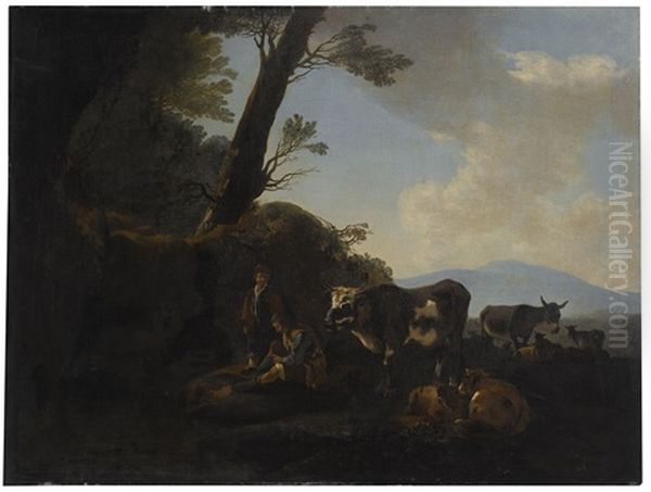 Two Shepherds By A Stream With Their Cattle Oil Painting by Adam Pynacker