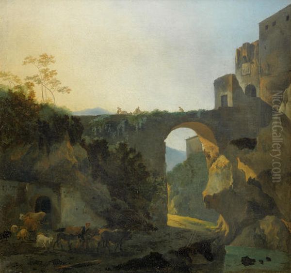 Travellers On A Bridge Oil Painting by Adam Pynacker