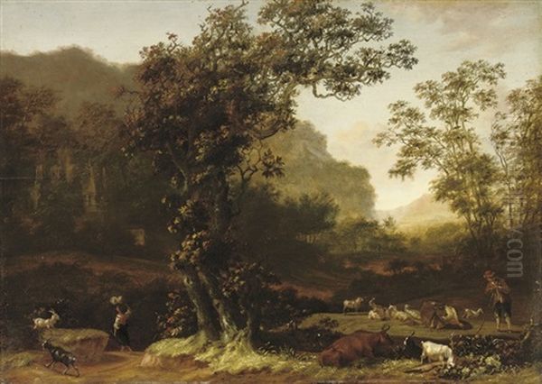 An Italianate Landscape With A Herdsman And His Flock Resting Oil Painting by Adam Pynacker