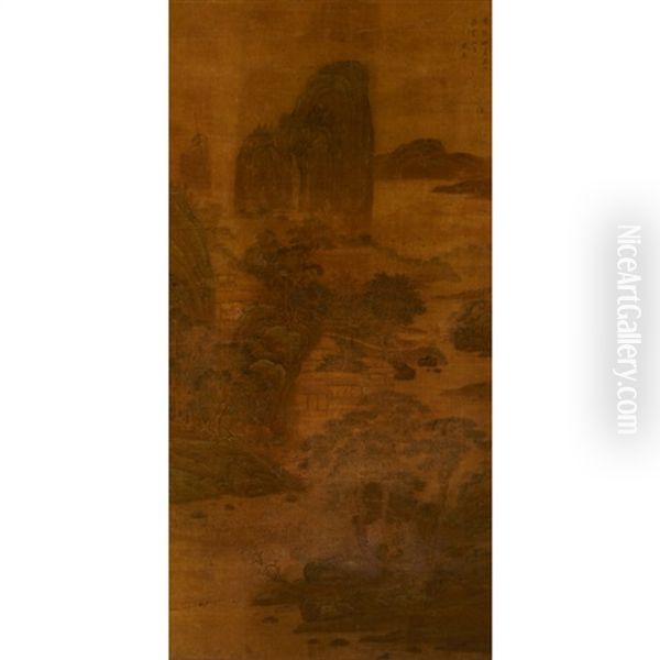 Huts In A Landscape Oil Painting by Qian Gu