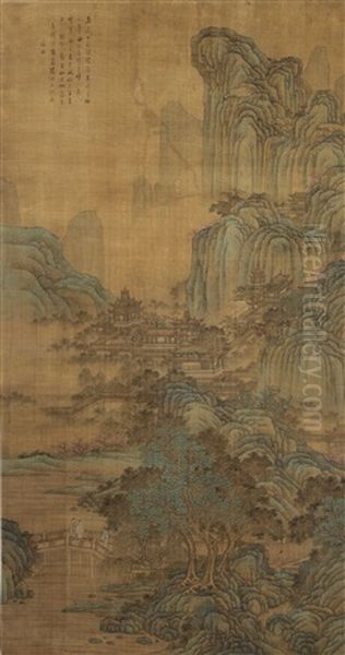 Green And Blue Landscape Oil Painting by Qiu Ying