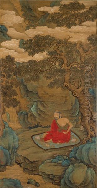 Bodhidharma Sitting Under A Sala Tree Oil Painting by Qiu Ying