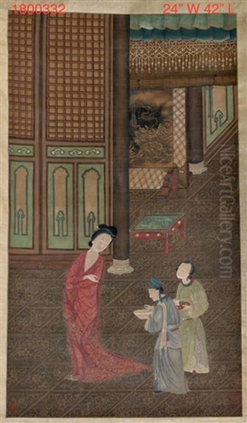 Chinese Scroll Painting On Silk - Niu Yin Oil Painting by Qiu Ying