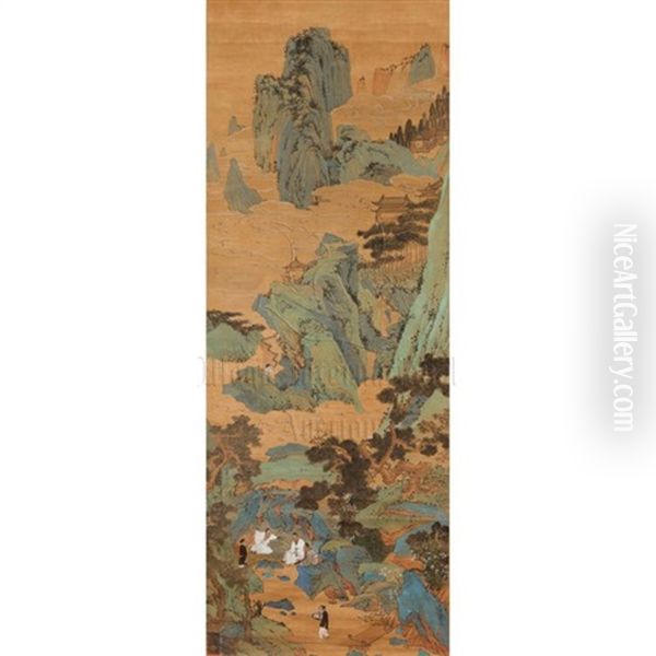 Ink And Color On Silk Painting 'landscape Scenery Oil Painting by Qiu Ying