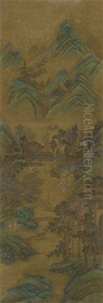 Gelehrte In Gruner Berglandschaft Oil Painting by Qiu Ying