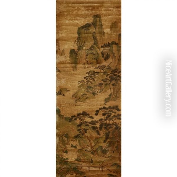 A Chinese Painting Of People In Mountain Oil Painting by Qiu Ying