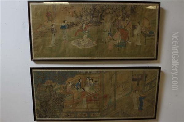 Chinese] 17th Century 2 Pieces Of Chinese Scroll Oil Painting by Qiu Ying