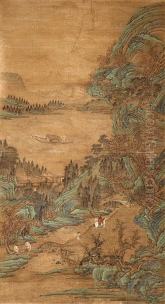 A Mountain And River Scenery With Figures Oil Painting by Qiu Ying