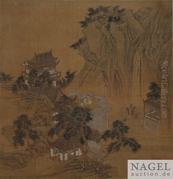 Buildings In Fantastic Landscapes (albunm W/6 Works) Oil Painting by Qiu Ying